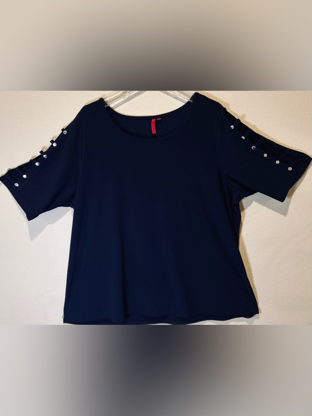Love Scarlett 2X Navy Blue Cold Shoulder Top Rhinestone Studded Ladder Sleeve 2X